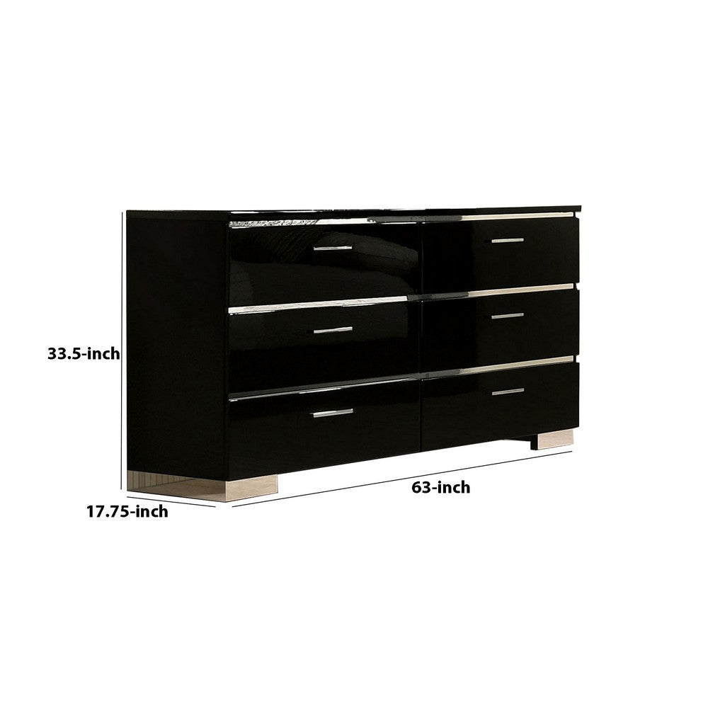 63 Inches 6 Drawer Dresser with Metal Legs Black and Chrome By Casagear Home BM233810