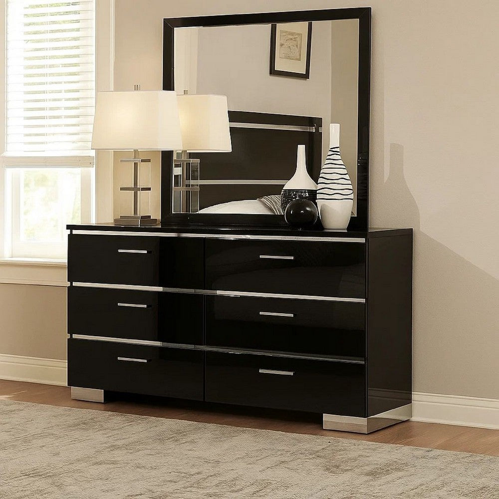63 Inches 6 Drawer Dresser with Metal Legs Black and Chrome 63 Inches 6 Drawer Dresser with Metal Legs Black and Chrome