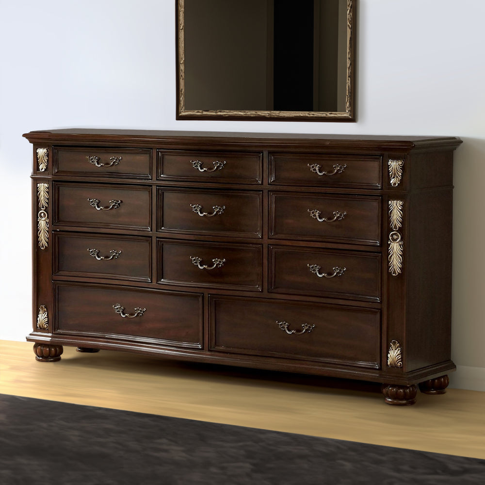 66.75 Inches 11 Drawer Dresser with Carved Details Brown By Casagear Home BM233821