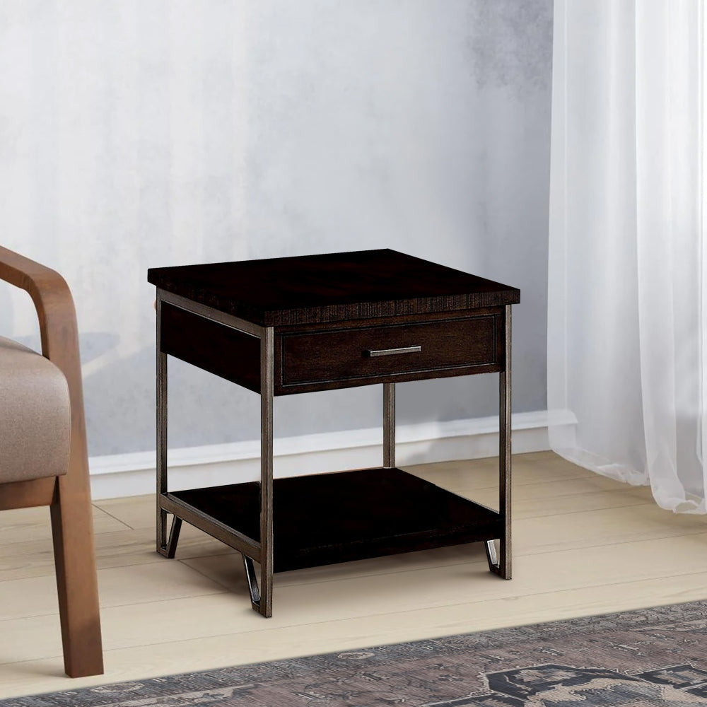 End Table | 1 Drawer | Metal Frame | Wood | Brown