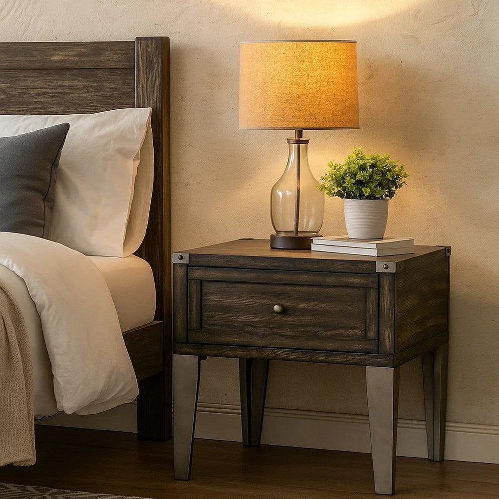 End Table | 1 Drawer | Metal Angled Legs | Wood | Brown