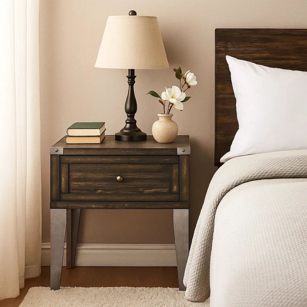 End Table | 1 Drawer | Metal Angled Legs | Wood | Brown
