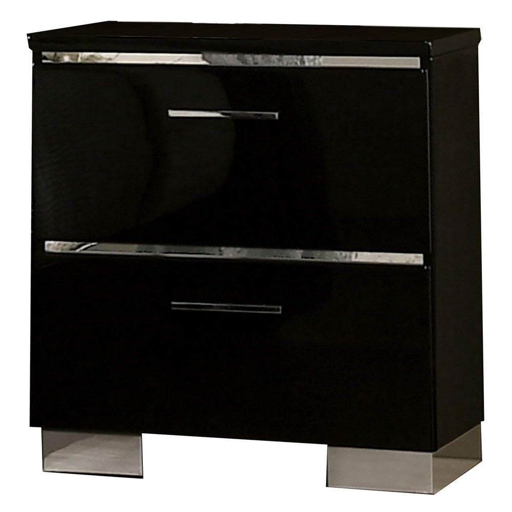 Two Drawer Nightstand with USB Charger and Bar Handle Pulls Black By Casagear Home BM233858