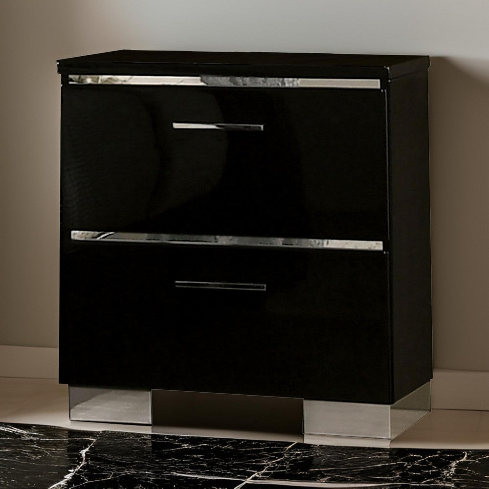 Nightstand | 2 Drawers | USB Charger | Bar Handle Pull Handles | Black