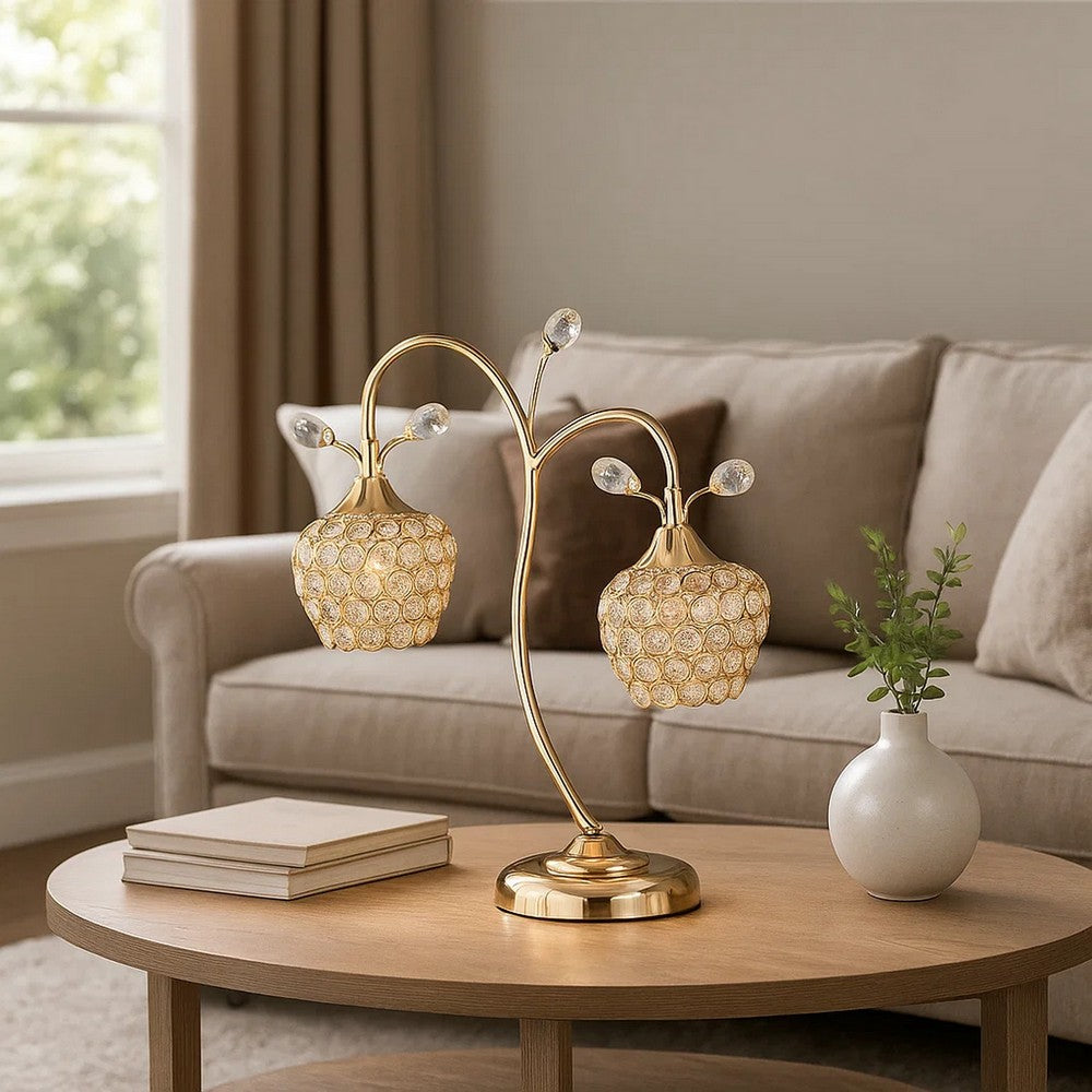 Table Lamp | Floral Tree Design | Metal Dome Shade | Crystals | Gold