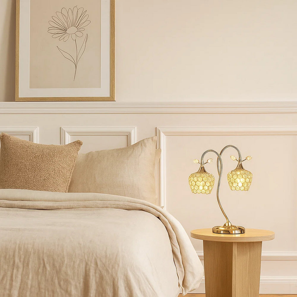 Table Lamp | Floral Tree Design | Metal Dome Shade | Crystals | Gold