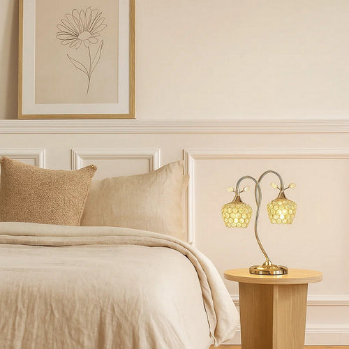 Table Lamp | Floral Tree Design | Metal Dome Shade | Crystals | Gold