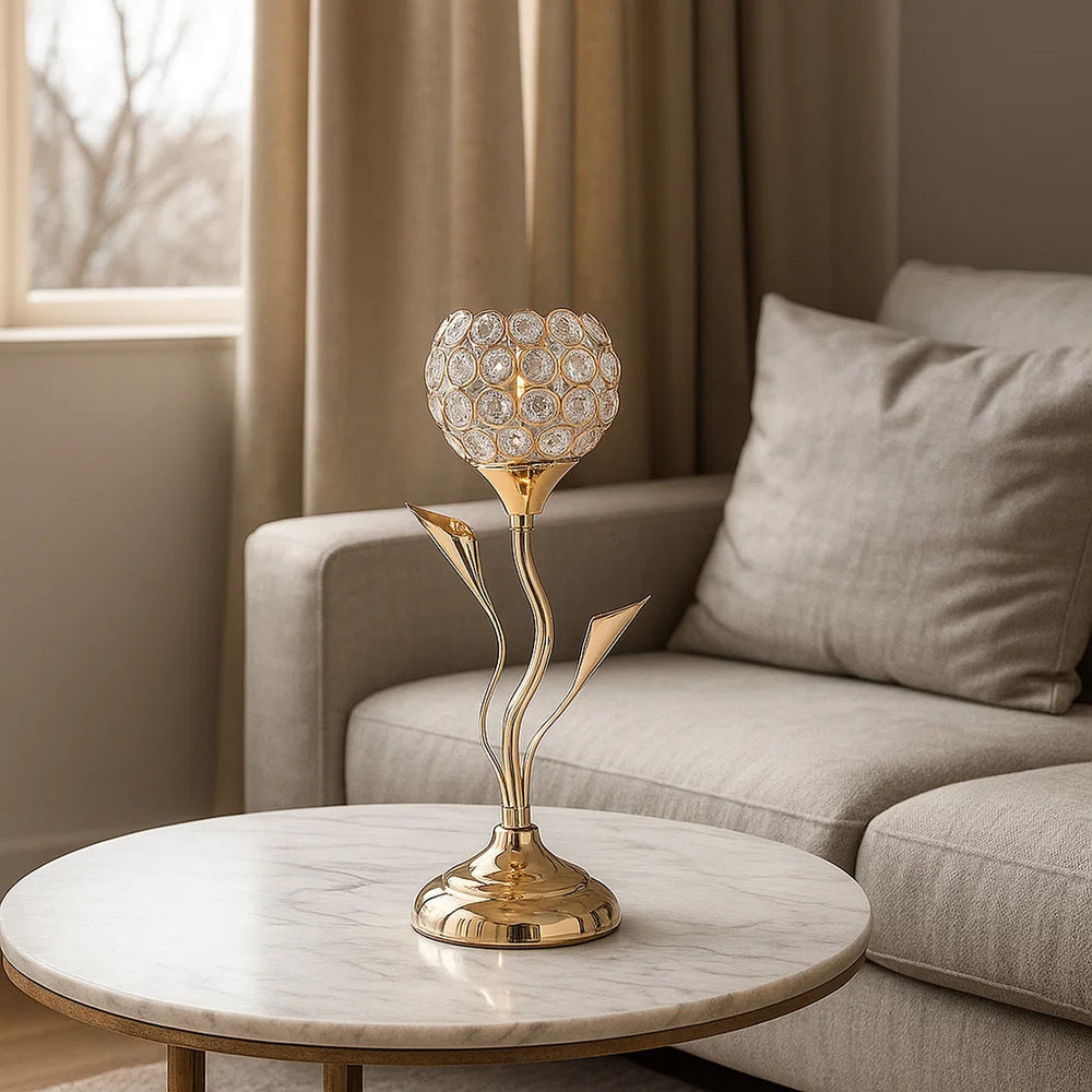 Table Lamp | Metal | Floral Shade | Acrylic Crystals | Gold