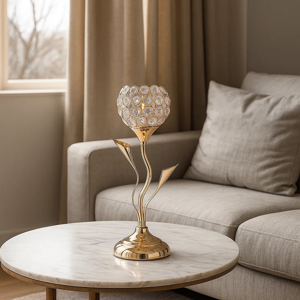 Table Lamp | Metal | Floral Shade | Acrylic Crystals | Gold