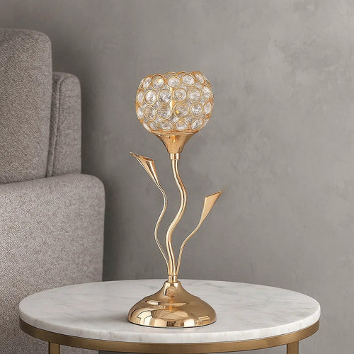 Table Lamp | Metal | Floral Shade | Acrylic Crystals | Gold
