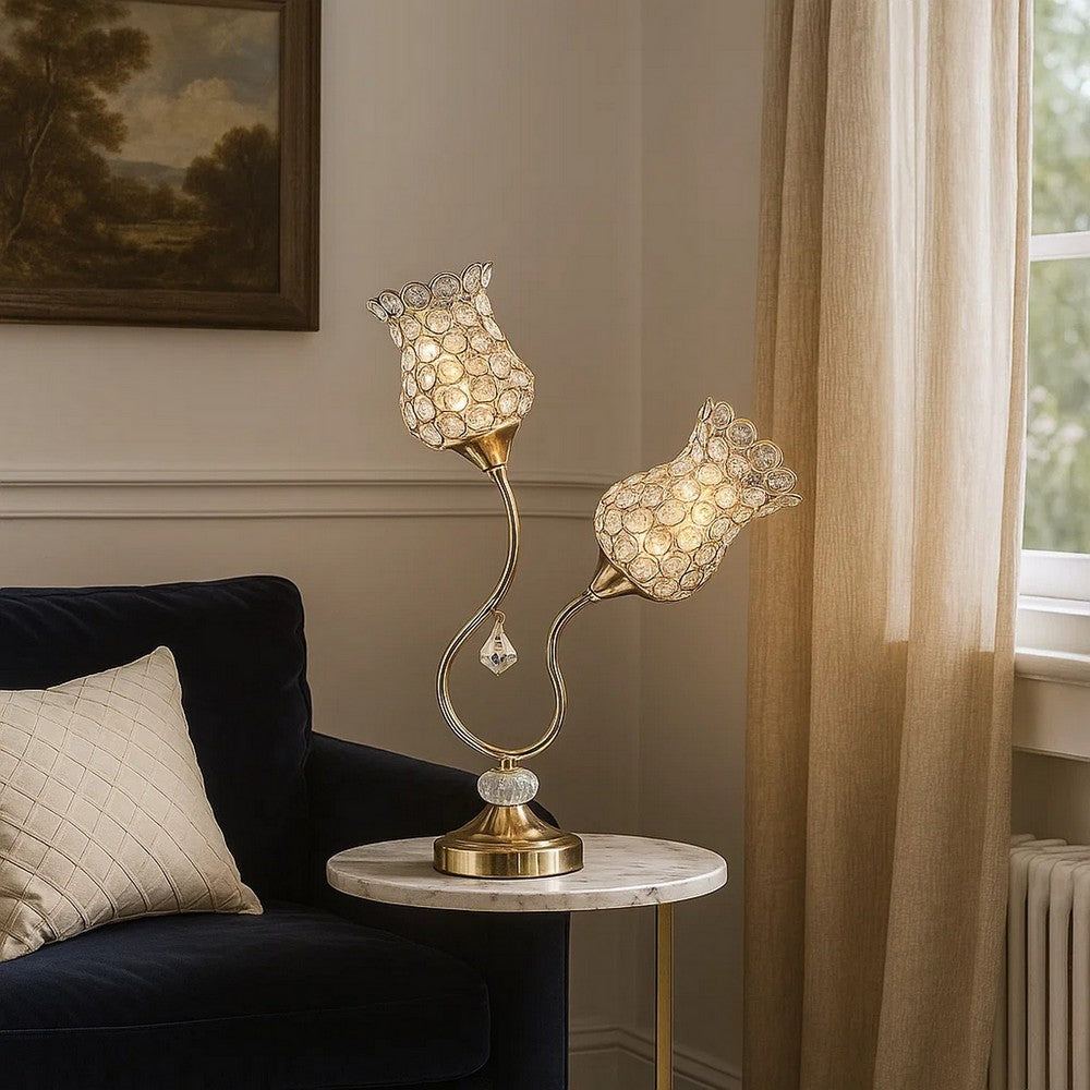 Table Lamp | Metal | Floral Trumpet Shade | Crystal Accents | Gold