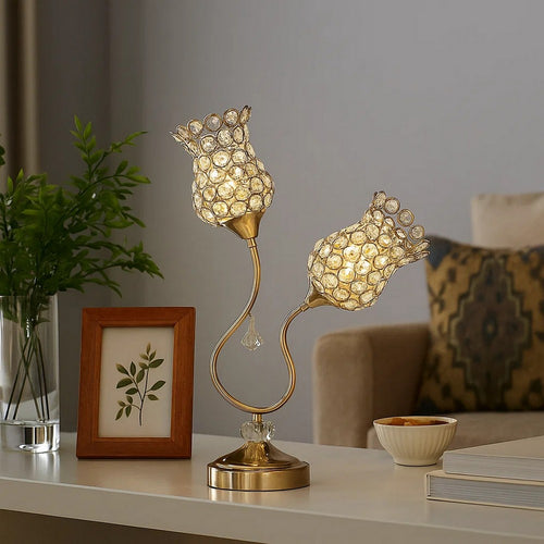 Table Lamp | Metal | Floral Trumpet Shade | Crystal Accents | Gold