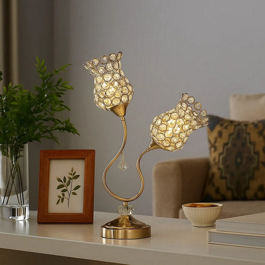Table Lamp | Metal | Floral Trumpet Shade | Crystal Accents | Gold