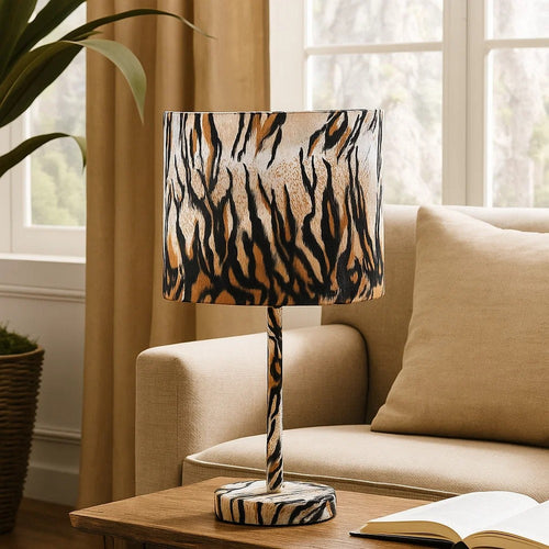Table Lamp | Fabric Wrapped | Striped Animal Print | Brown & Black