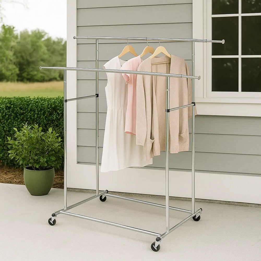 Garment Rack | Dual Bar Tubular Metal Frame | Casters | Chrome
