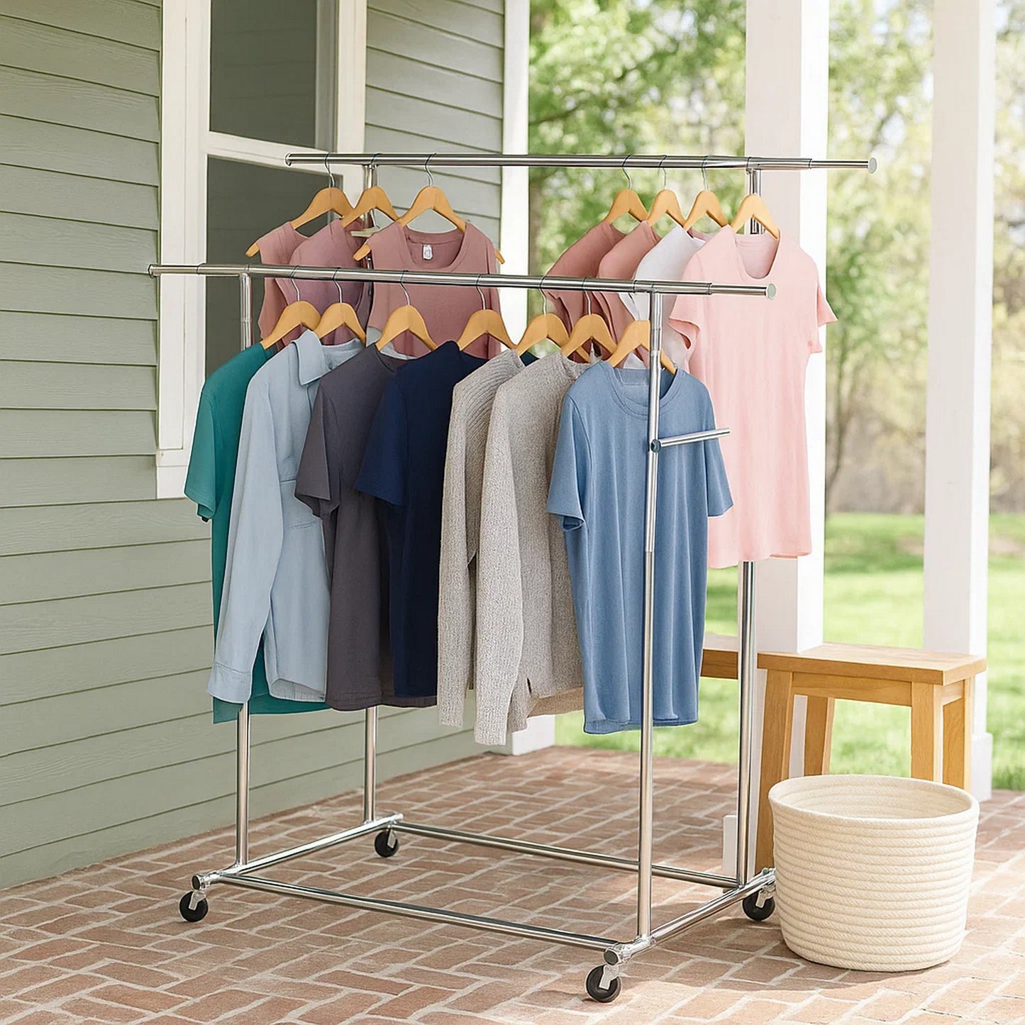 Garment Rack | Dual Bar Tubular Metal Frame | Casters | Chrome