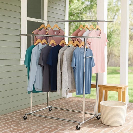 Garment Rack | Dual Bar Tubular Metal Frame | Casters | Chrome