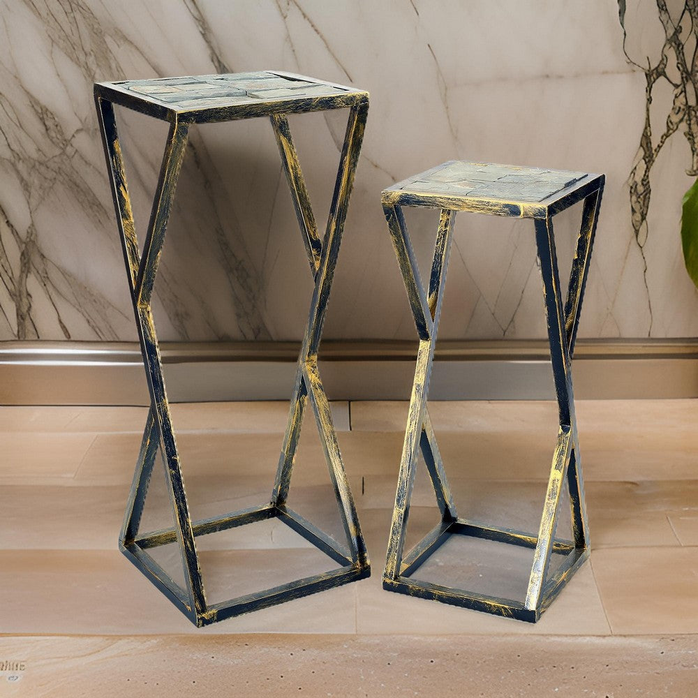 Plant Stand | Stone Top | Geometric Base | Set of 2 | Black & Gray