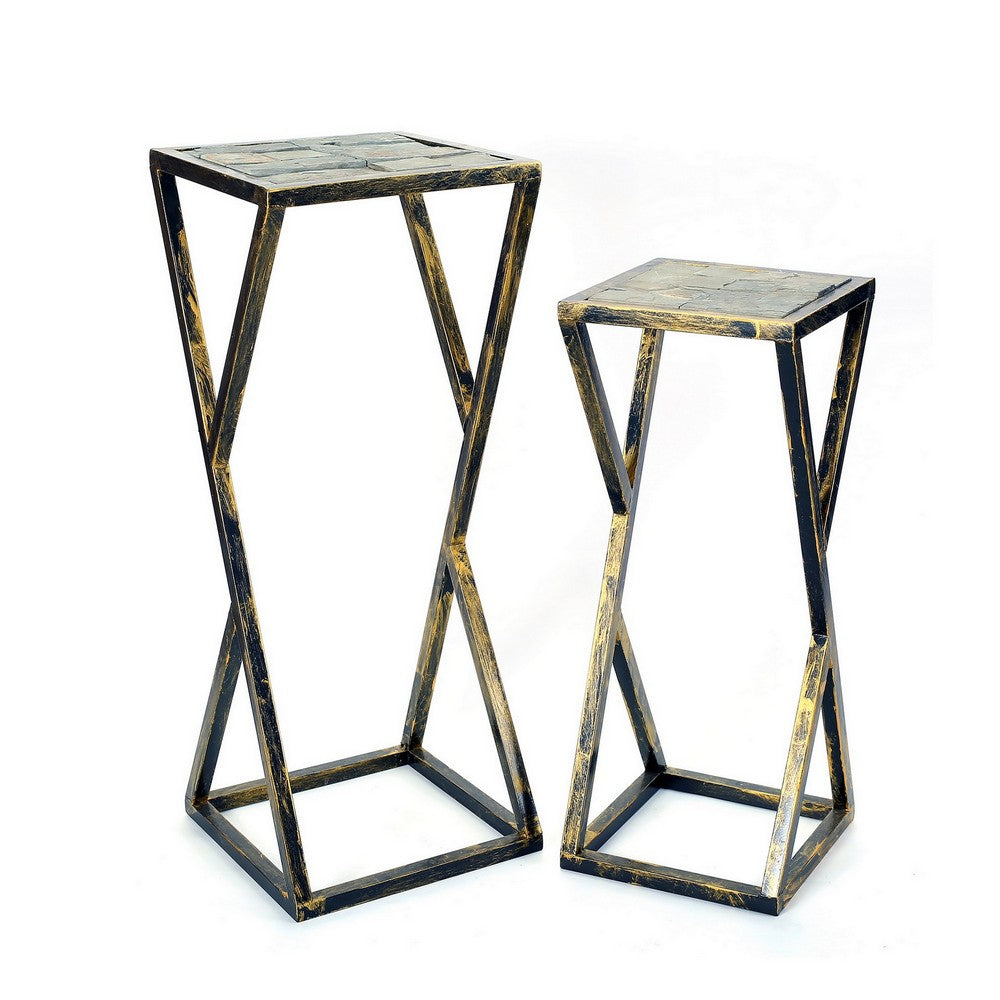 Stone Top Plant Stand with Geometric Base Set of 2 Black and Gray By Casagear Home BM233953