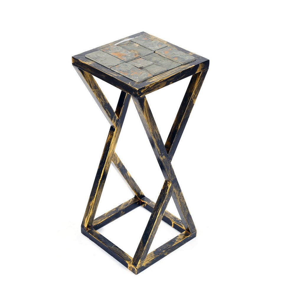 19.5 Inches Stone Top Plant Stand with Geometric Base Black and Gray By Casagear Home BM233955