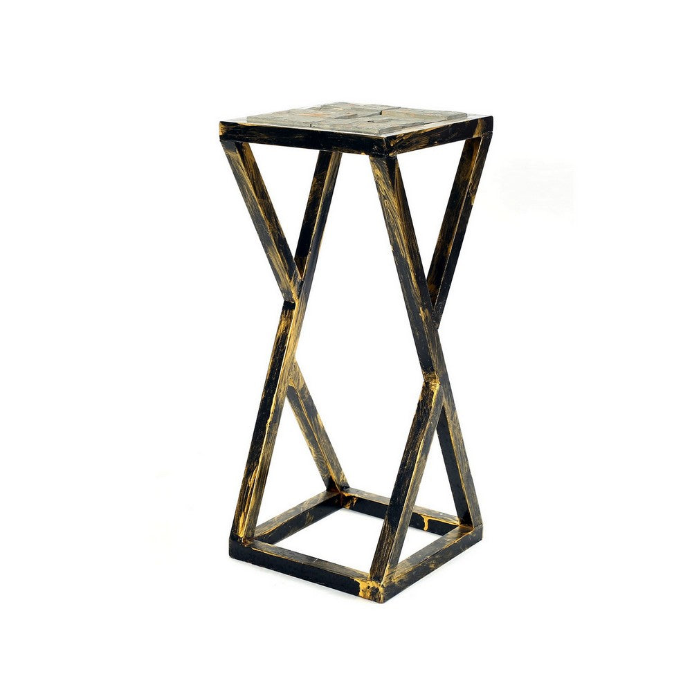 19.5 Inches Stone Top Plant Stand with Geometric Base Black and Gray By Casagear Home BM233955