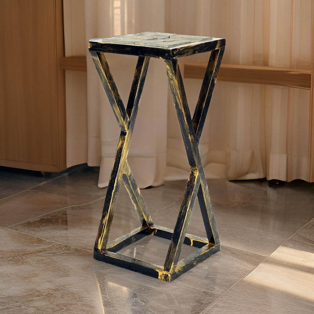 Plant Stand | 19.5" | Stone Top | Geometric Base | Black & Gray