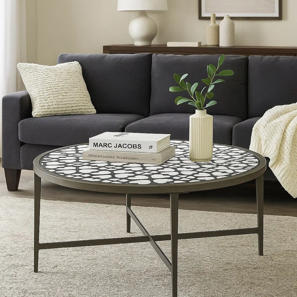Round Glass Top Coffee Table with X Support Metal Base, Silver