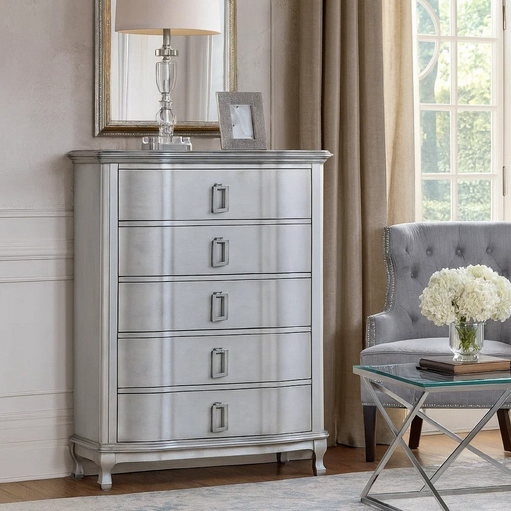 Contemporary 5 Drawer Wooden Chest with Rectangle Knobs, Silver