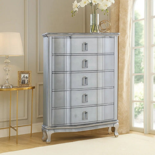 Contemporary 5 Drawer Wooden Chest with Rectangle Knobs, Silver