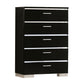 High Gloss Lacquer Coated 5 Drawer Chest with Bracket Feet,Black and Chrome By Casagear Home