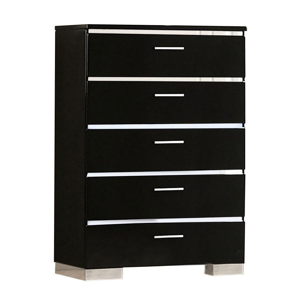 Tall Dresser Chest | 5 Drawer | High Gloss Lacquer | Bracket Feet | Black & Chrome
