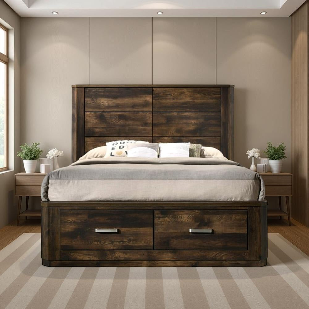 Queen Wooden Bed with Drawer Storage, Rustic Walnut