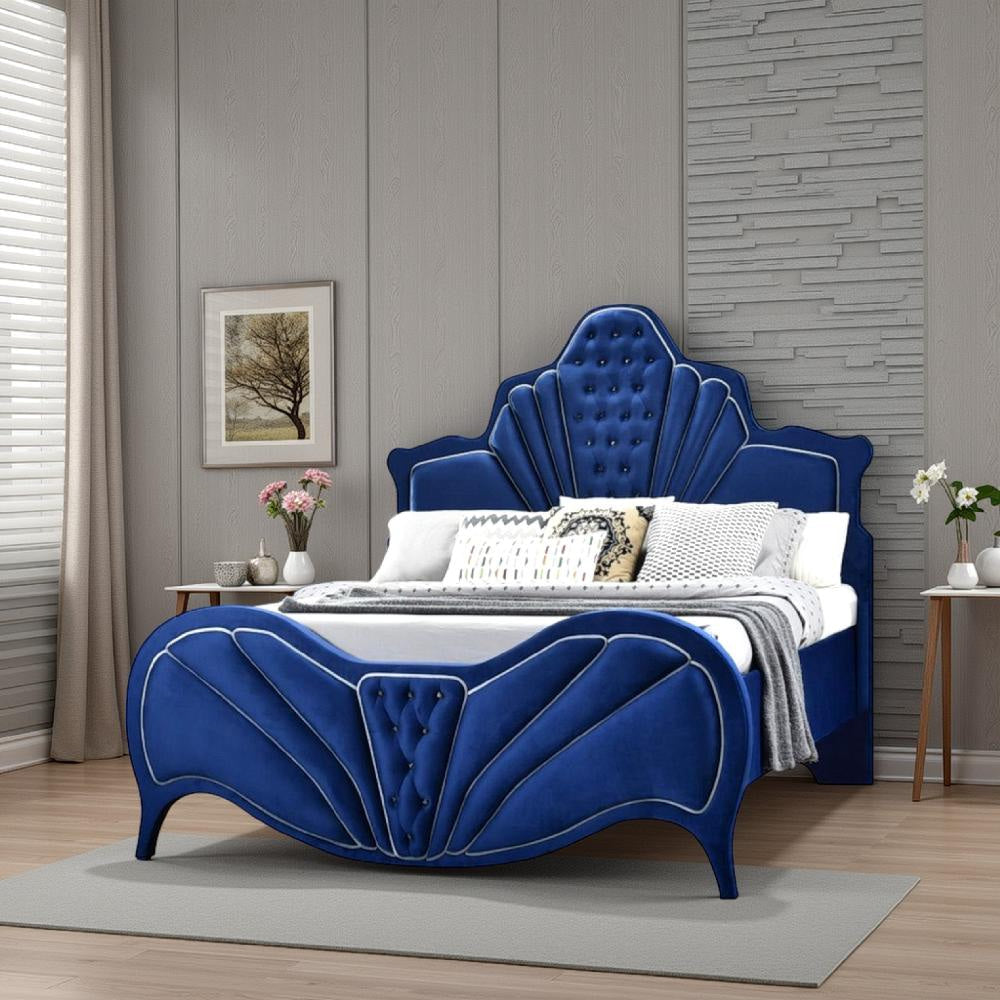 Velvet Upholstered Channel Tufted Queen Bed, Blue