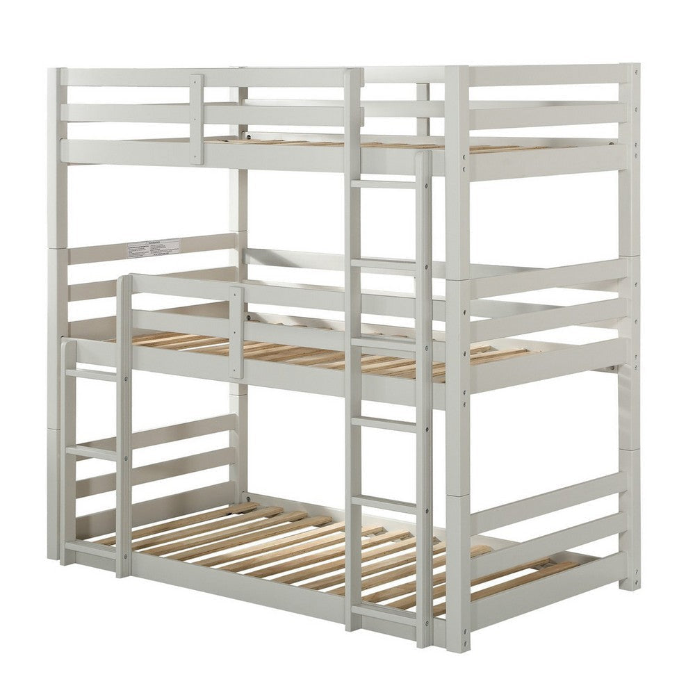 Twin Size 3 Tier Wooden Bunk Bed with Ladder, White