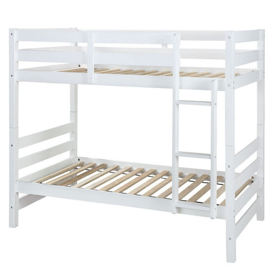 Wooden Twin Over Twin Bunk Bed with Attached Ladder, White By Casagear Home