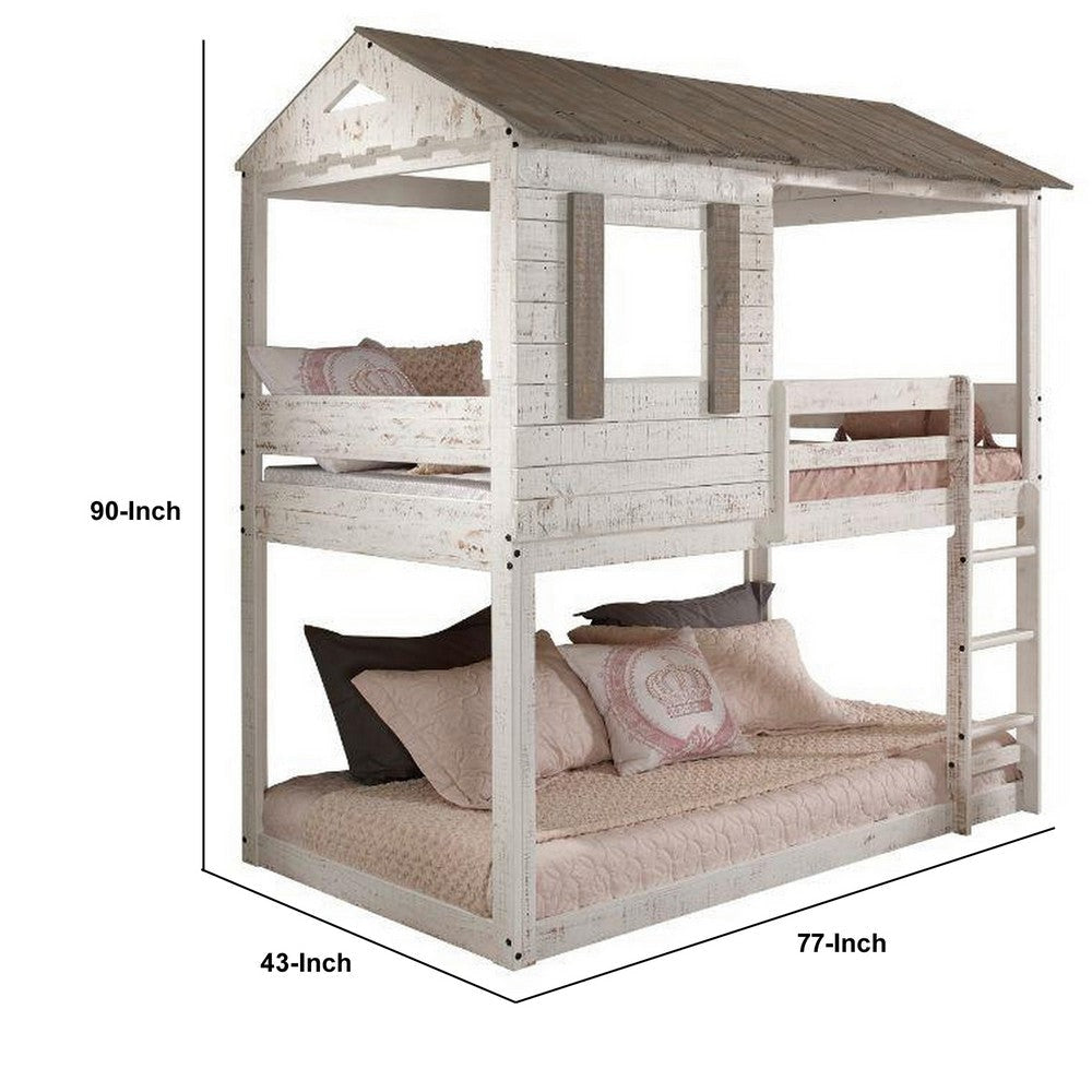 Wooden Twin Bunk Bed with House Design White and Brown By Casagear Home BM235364