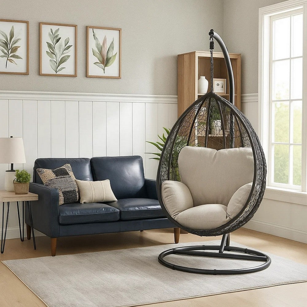 Oval Wicker Swing Chair with Mesh Pattern, Black and Beige