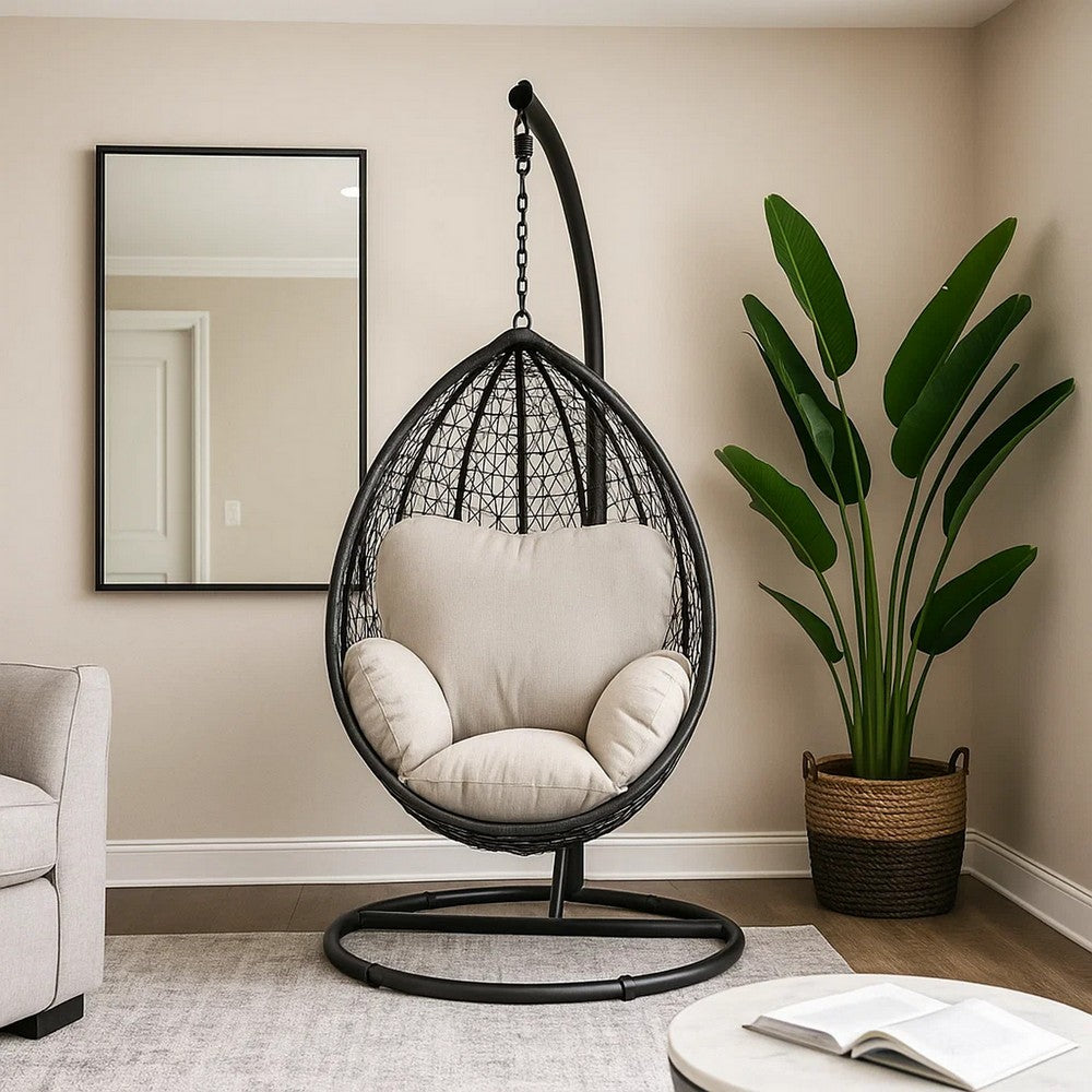 Oval Wicker Swing Chair with Mesh Pattern, Black and Beige