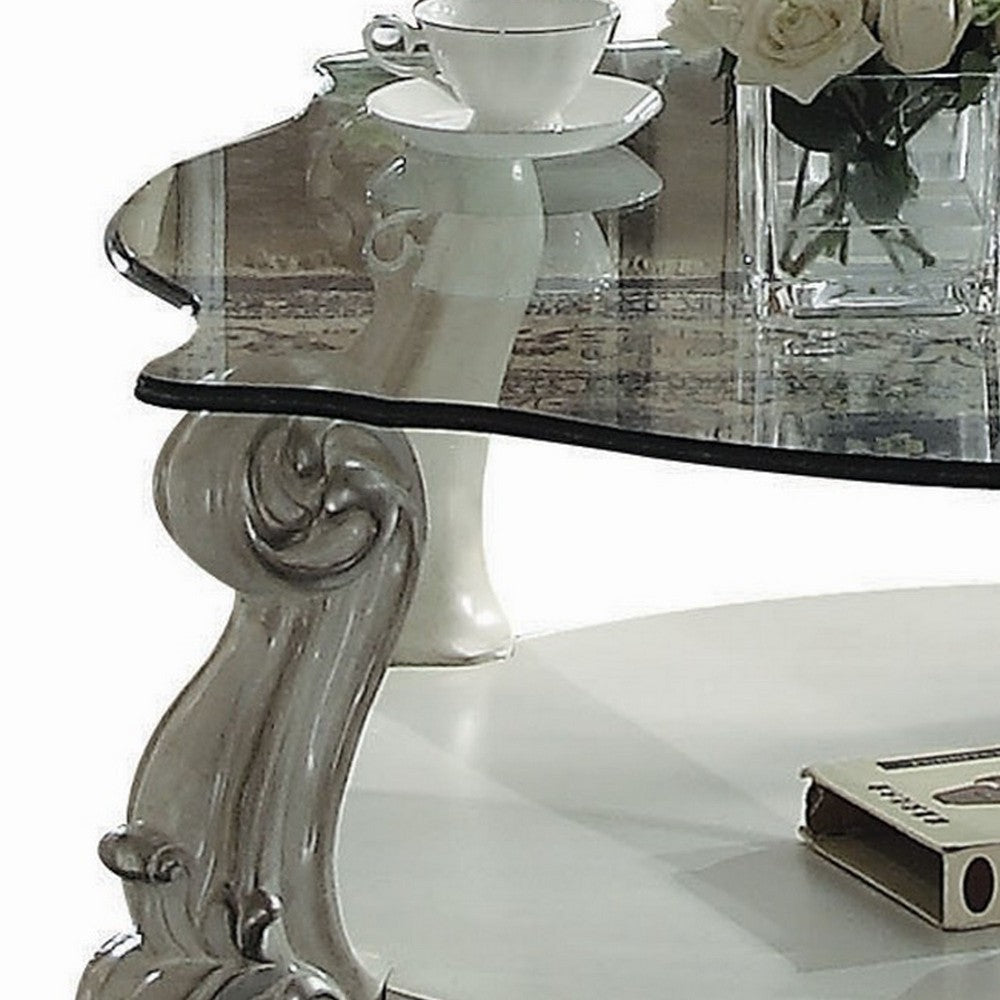 Curved Glass Top Coffee Table with Open Shelf White