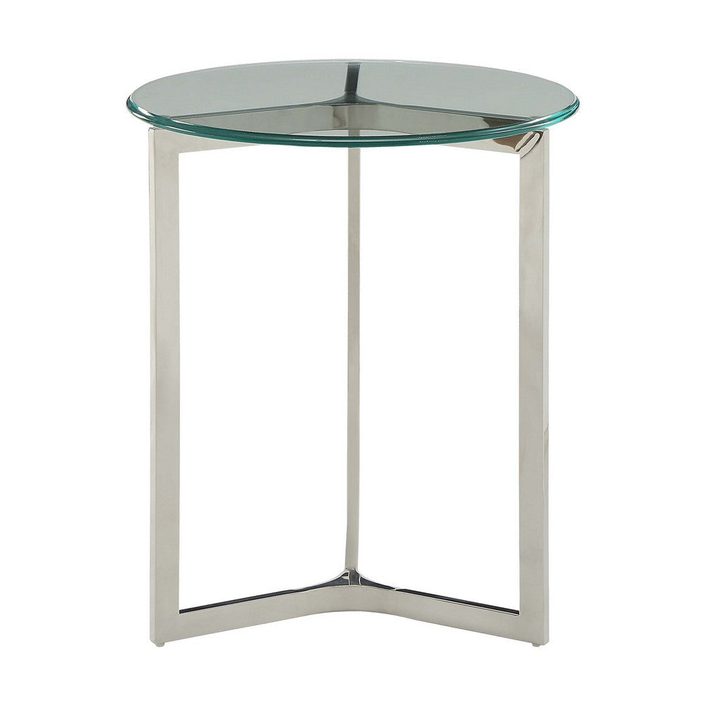 24 Inches Round Glass Top End Table with Y Shape Base, Chrome By Casagear Home