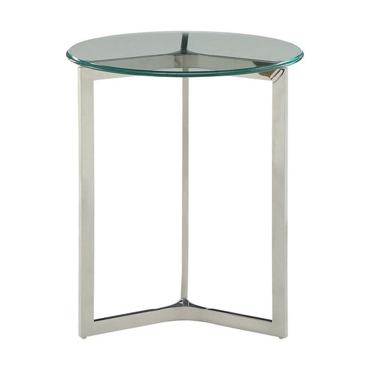 24 Inches Round Glass Top End Table with Y Shape Base, Chrome By Casagear Home