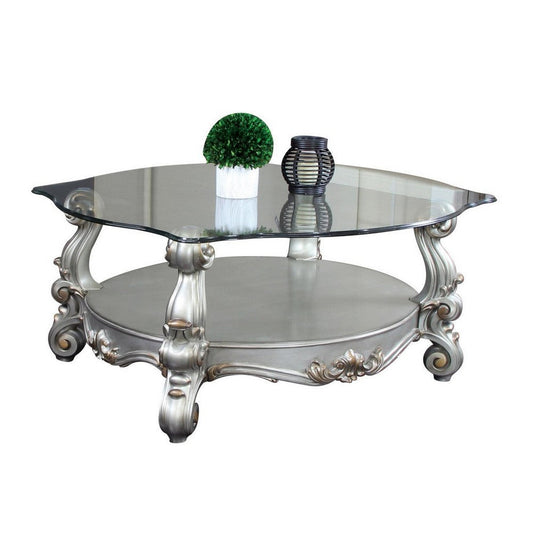 Curved Glass Top Coffee Table with Open Shelf, Silver