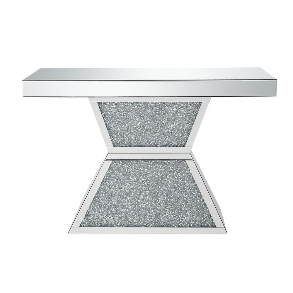 47 Inches Glass Top Console Table with Faux Stone Inlay Silver By Casagear Home BM235401