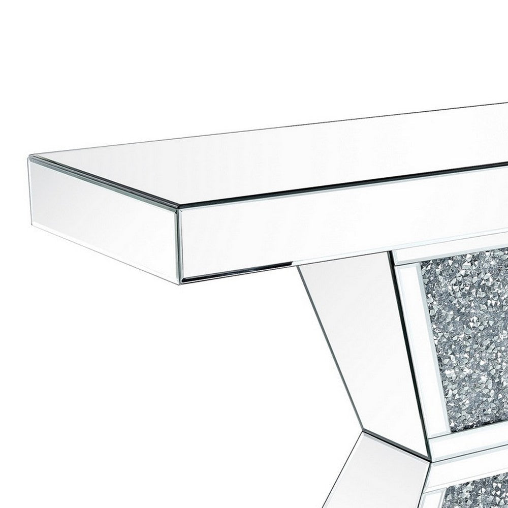 47 Inches Glass Top Console Table with Faux Stone Inlay Silver By Casagear Home BM235401