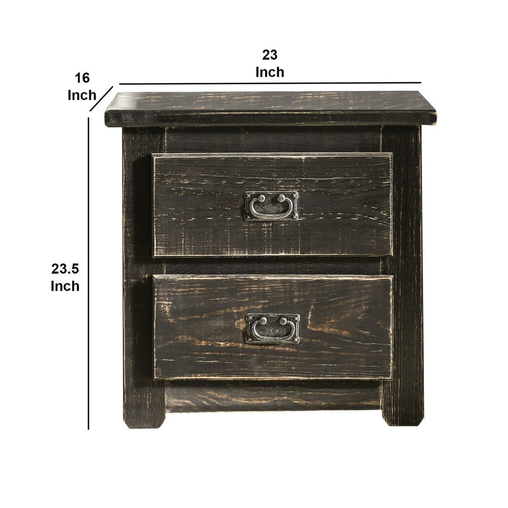 Plank Design 2 Drawer Wooden Nightstand with Bail Pulls, Black By Casagear Home