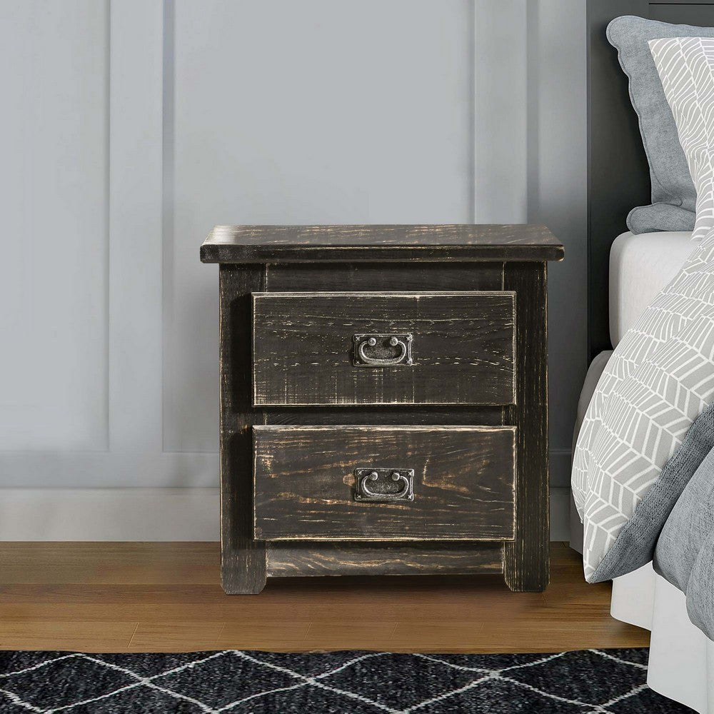 Nightstand | 2 Drawer | Plank Design | Bail Pull Handles | Black