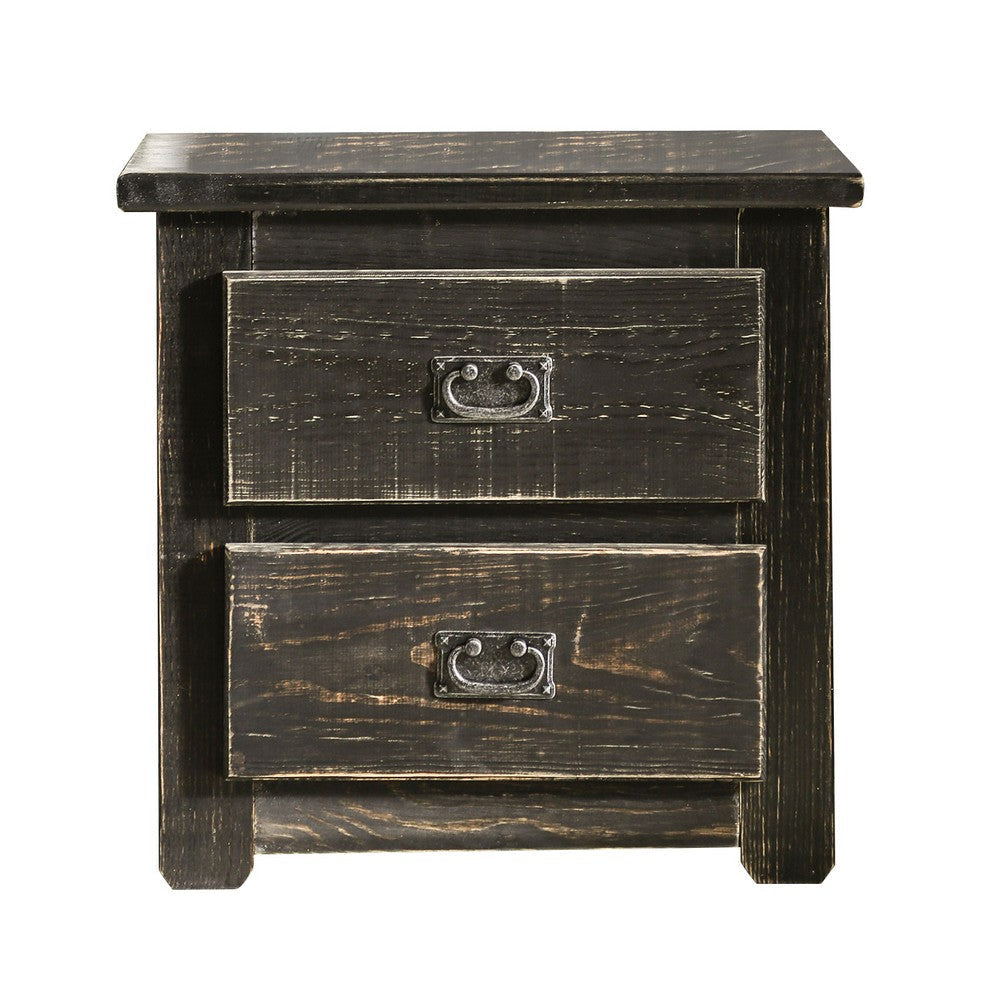 Plank Design 2 Drawer Wooden Nightstand with Bail Pulls, Black By Casagear Home