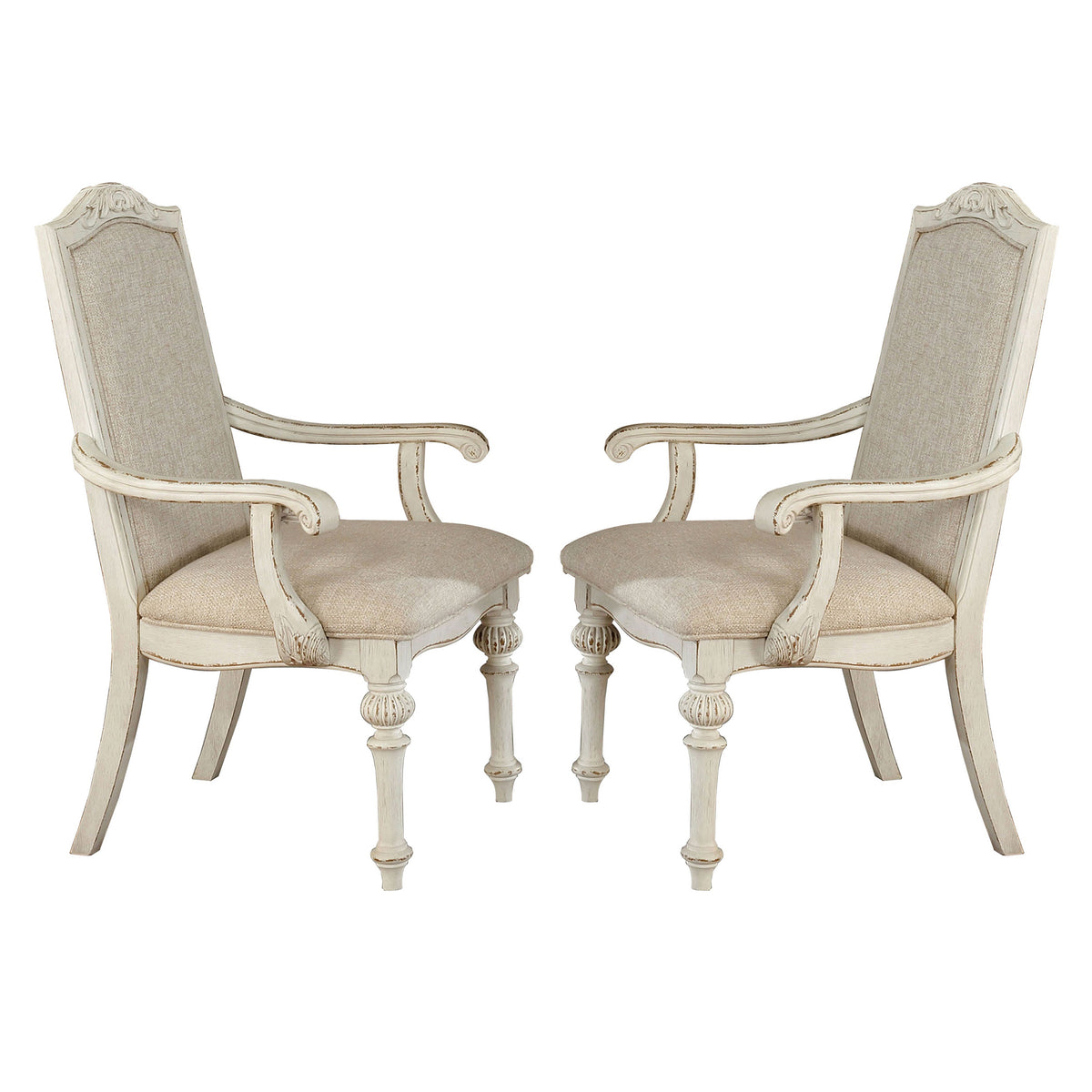 Armchair | Rustic Wood | Intricate Carvings | Set of 2 | Antique White
