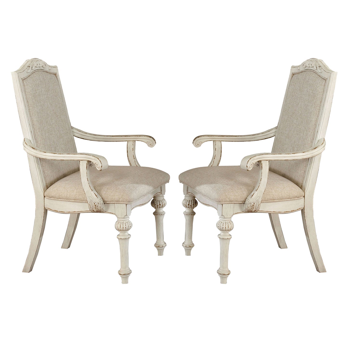 Rustic Wooden Arm Chair with Intricate Carvings, Set of 2, Antique White By Casagear Home