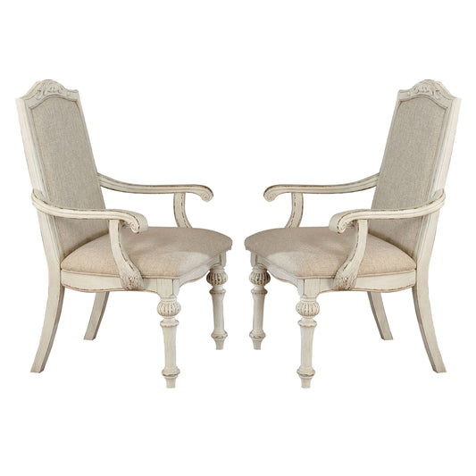 Rustic Wooden Arm Chair with Intricate Carvings, Set of 2, Antique White By Casagear Home